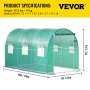 VEVOR Walk-in -tunnelikasvihuone, 12 x 7 x 7 jalkaa kannettava kasvihuone, jossa galvanoidut teräsvanteet, 1 yläpalkki, 2 diagonaalista pylvästä, 2 vetoketjullista ovea ja 6 kääntöikkunaa, vihreä