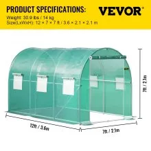 VEVOR Walk-in Tunnel Greenhouse, 12 x 7 x 7 ft Portable Plant Hot House w/ Galvanized Steel Hoops, 1 Top Beams, 2 Diagonal Poles, 2 Zippered Doors & 6 Roll-up Windows, Green