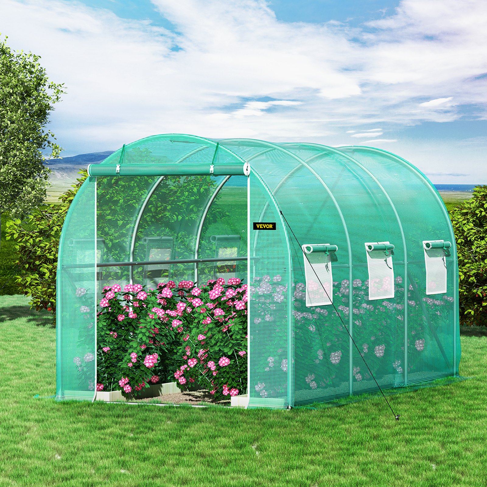 VEVOR Walk-in Tunnel Greenhouse, 12 x 7 x 7 ft Portable Plant Hot House with Galvanized Steel Hoops, 1 Top Beams, 2 Diagonal Poles, 1 Zippered Door & 6 Roll-up Windows, Green