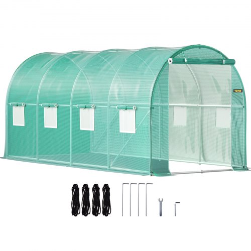 VEVOR Walk-in Tunnel Greenhouse, 15 x 7 x 7 ft Portable Plant Hot House w/ Galvanized Steel Hoops, 1 Top Beam, 2 Diagonal Poles, 2 Zippered Doors & 8 Roll-up Windows, Green