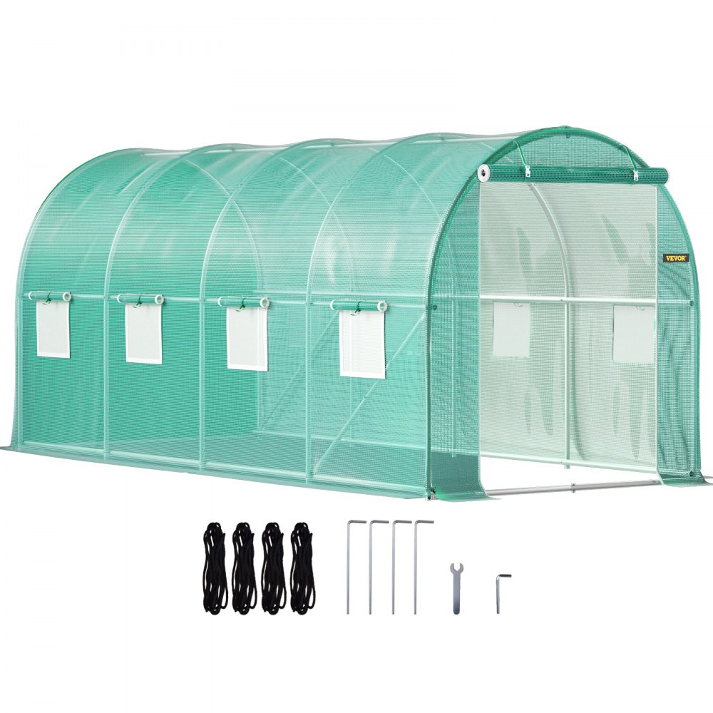 VEVOR Walk-in tunelový skleník, 15 x 7 x 7 stop přenosná rostlinná vyhřívací hala s pozinkovanými ocelovými obručemi, 1 horní nosník, 2 diagonální tyče, 2 dveře na zip a 8 rolovacích oken, zelená