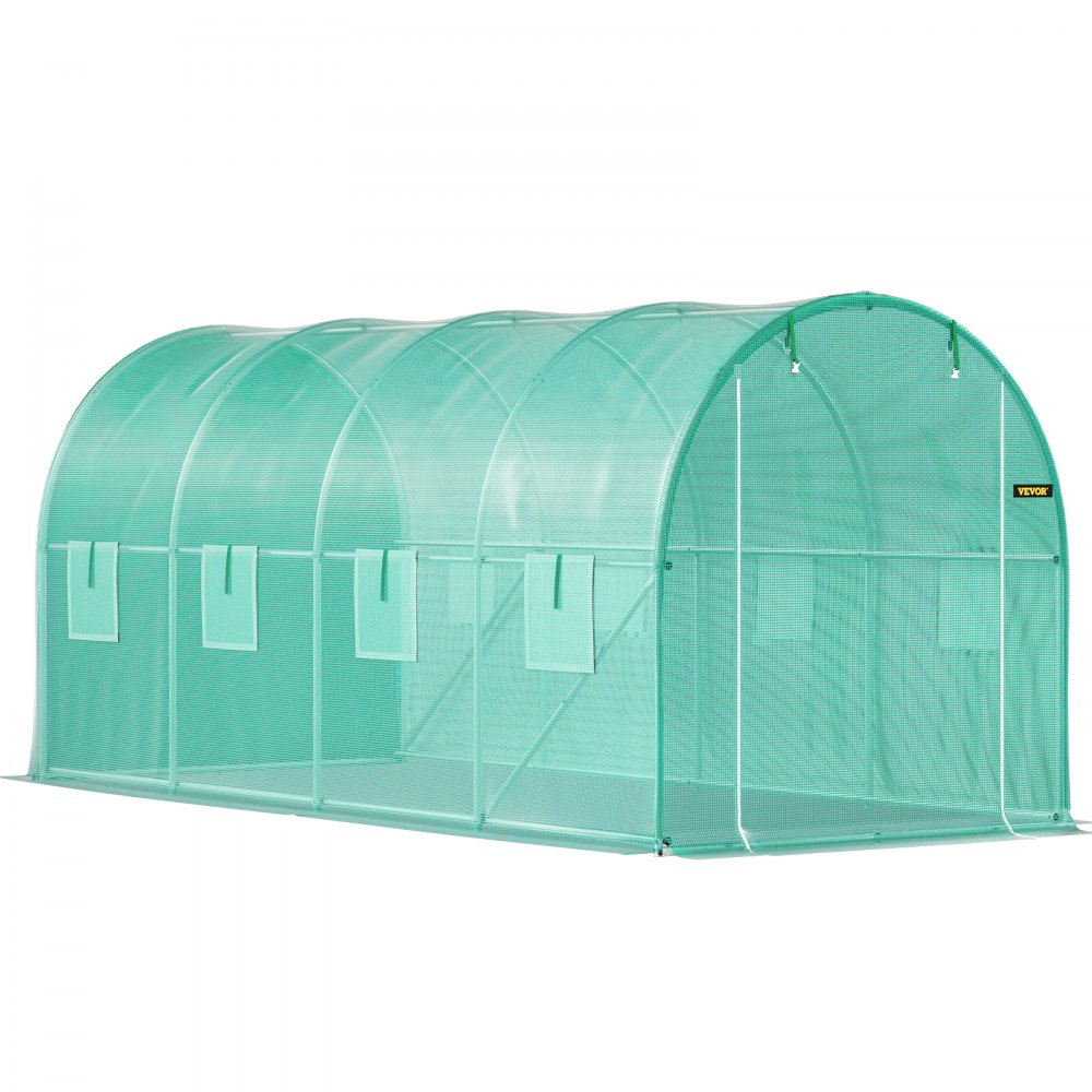VEVOR Walk-in Tunnel Greenhouse, 15 x 7 x 7 ft Portable Plant Hot House w/ Zippered Door, 8 Roll-up Windows, Galvanized Steel Hoops, 1 Top Beam, and 2 Diagonal Poles, Green