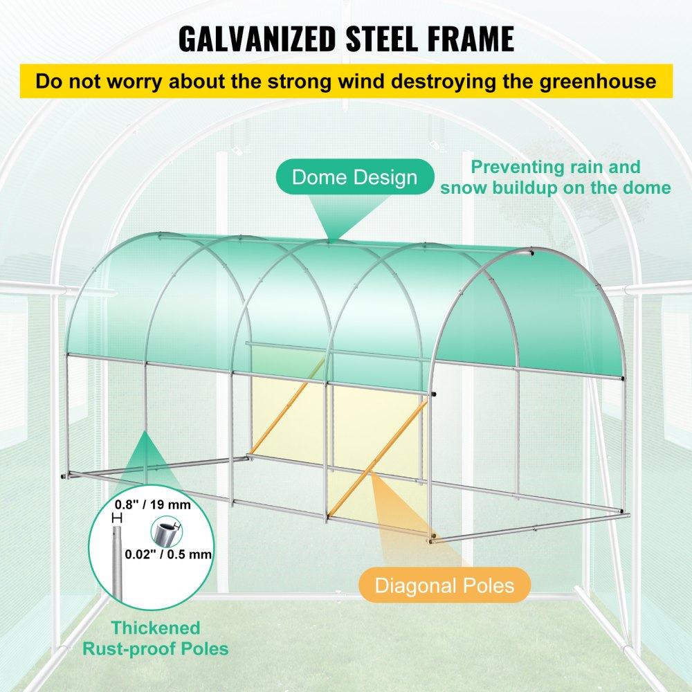 VEVOR Walk-in Tunnel Greenhouse, 4.5 x 2 x 2 m Portable Plant Hot House w/ Zippered Door, 8 Roll-up Windows, Galvanized Steel Hoops, 1 Top Beam, and 2 Diagonal Poles, Green