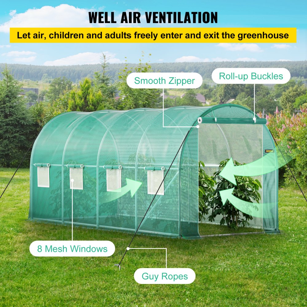 VEVOR Walk-in Tunnel Greenhouse, 4.5 x 2 x 2 m Portable Plant Hot House w/ Zippered Door, 8 Roll-up Windows, Galvanized Steel Hoops, 1 Top Beam, and 2 Diagonal Poles, Green