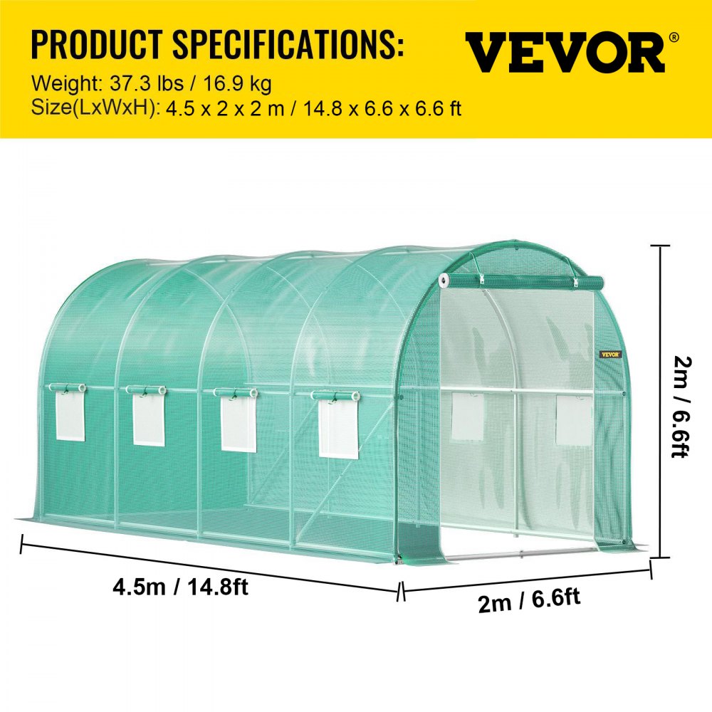 VEVOR Walk-in Tunnel Greenhouse, 4.5 x 2 x 2 m Portable Plant Hot House w/ Zippered Door, 8 Roll-up Windows, Galvanized Steel Hoops, 1 Top Beam, and 2 Diagonal Poles, Green