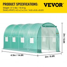 VEVOR Walk-in Tunnel Växthus, 15 x 7 x 7 fot Portable Plant Hot House med galvaniserade stålbågar, 1 toppbalk, 2 diagonala stolpar, 2 dragkedjeförsedda dörrar och 8 rullfönster, grönt