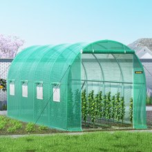 Pochôdzny tunelový skleník VEVOR, 15 x 7 x 7 stôp prenosný dom s teplom pre rastliny s pozinkovanými oceľovými obručami, 1 horný nosník, 2 diagonálne tyče, 2 dvere na zips a 8 rolovacích okien, zelená