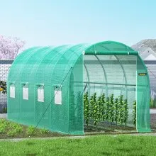 VEVOR Walk-in Tunnel Greenhouse, 15 x 7 x 7 ft Portable Plant Hot House w/ Galvanized Steel Hoops, 1 Top Beam, 2 Diagonal Poles, 2 Zippered Doors & 8 Roll-up Windows, Green