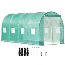 VEVOR Walk-in Tunnel Greenhouse, 4.5 x 2 x 2 m Portable Plant Hot House w/ Zippered Door, 8 Roll-up Windows, Galvanized Steel Hoops, 1 Top Beam, and 2 Diagonal Poles, Green