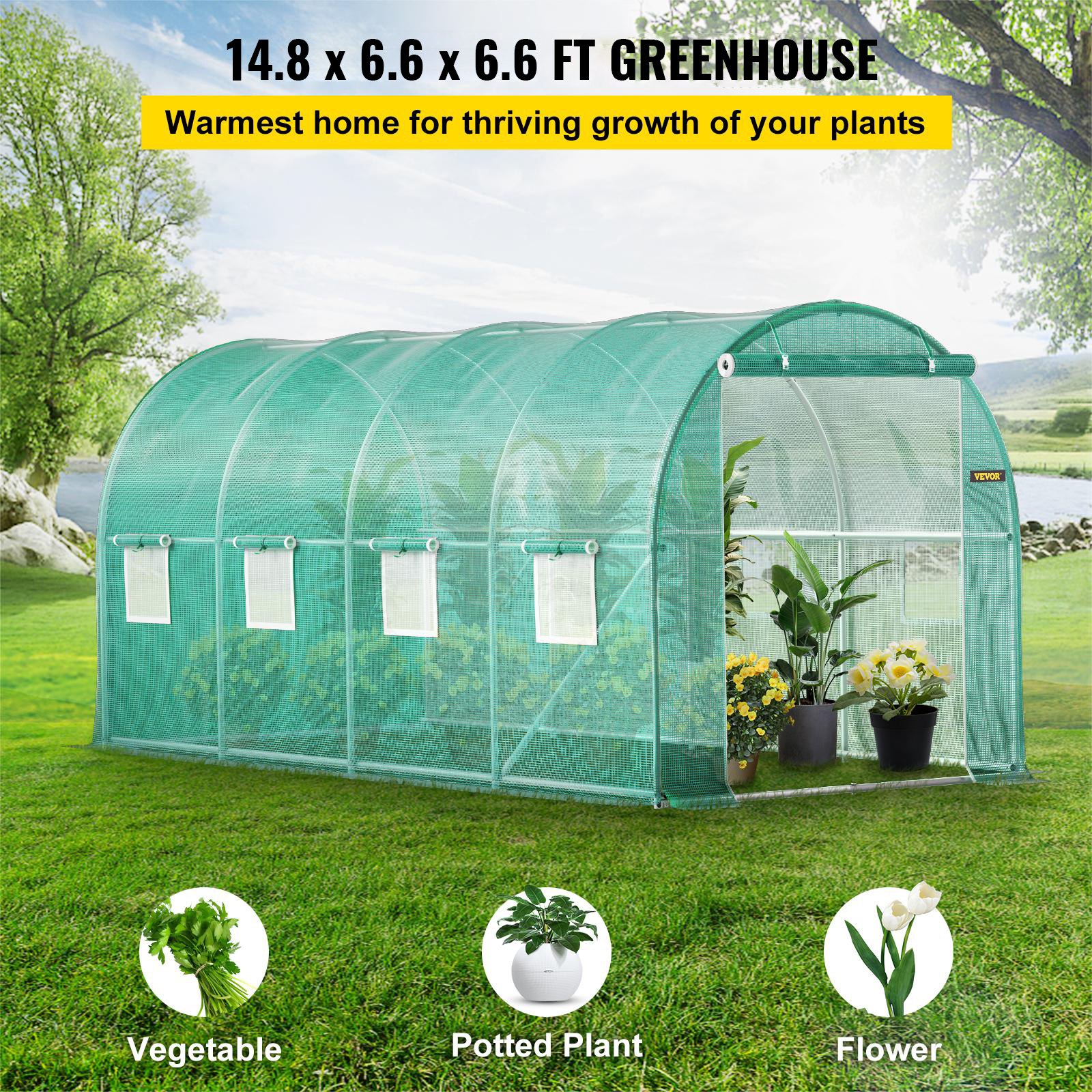 VEVOR Walk-in Tunnel Greenhouse, 15 x 7 x 7 ft Portable Plant Hot House w/ Zippered Door, 8 Roll-up Windows, Galvanized Steel Hoops, 1 Top Beam, and 2 Diagonal Poles, Green