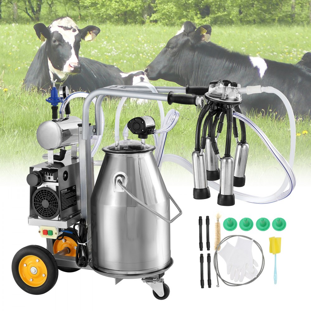 VEVOR Machine à traire électrique pour vaches, seau en acier inoxydable 304 de 6,6 gal / 25 L, trayeur sous vide à pulsation automatique, trayeur portable avec tasses et tubes en silicone de qualité alimentaire, pression réglable