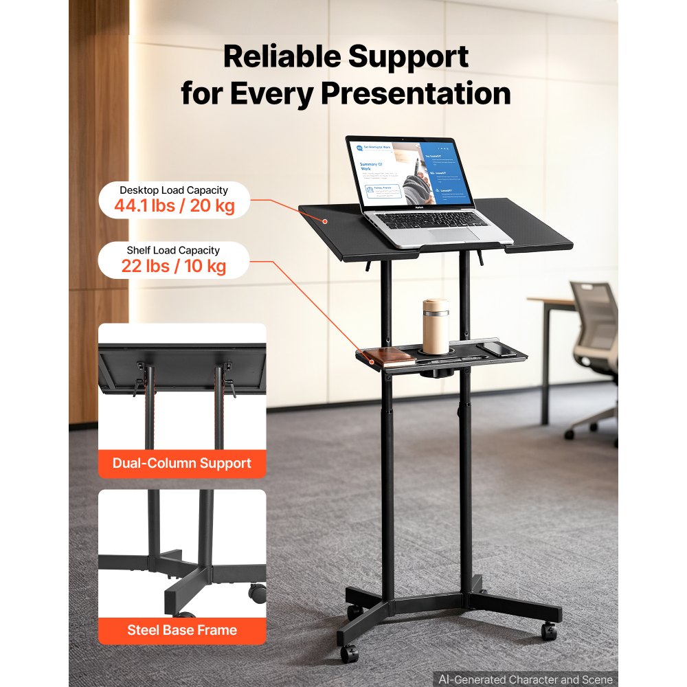 VEVOR Podium Stand, Adjustable Height Steel Lectern Mobile Laptop Desk, for Schools, Churches and Events, 103-124 cm, Portable Presentation Lectern Stand with 0-30° Tilt Top and 2-Position Shelf