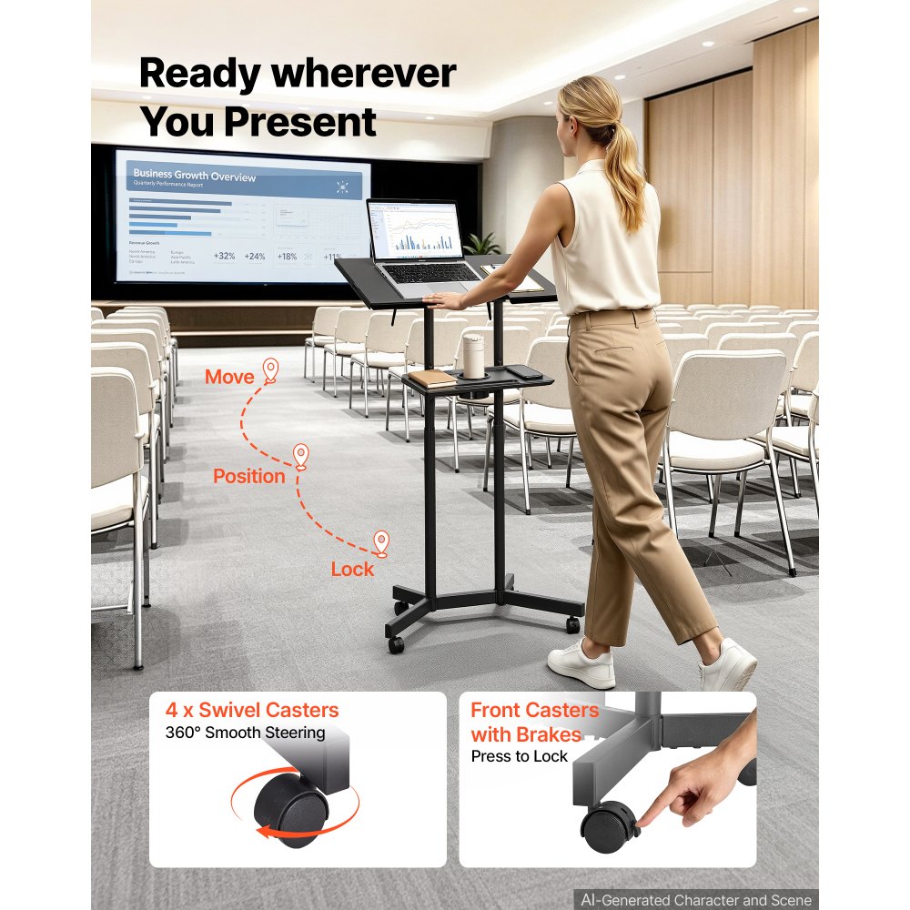 VEVOR Podium Stand, Adjustable Height Steel Lectern Mobile Laptop Desk, for Schools, Churches and Events, 103-124 cm, Portable Presentation Lectern Stand with 0-30° Tilt Top and 2-Position Shelf