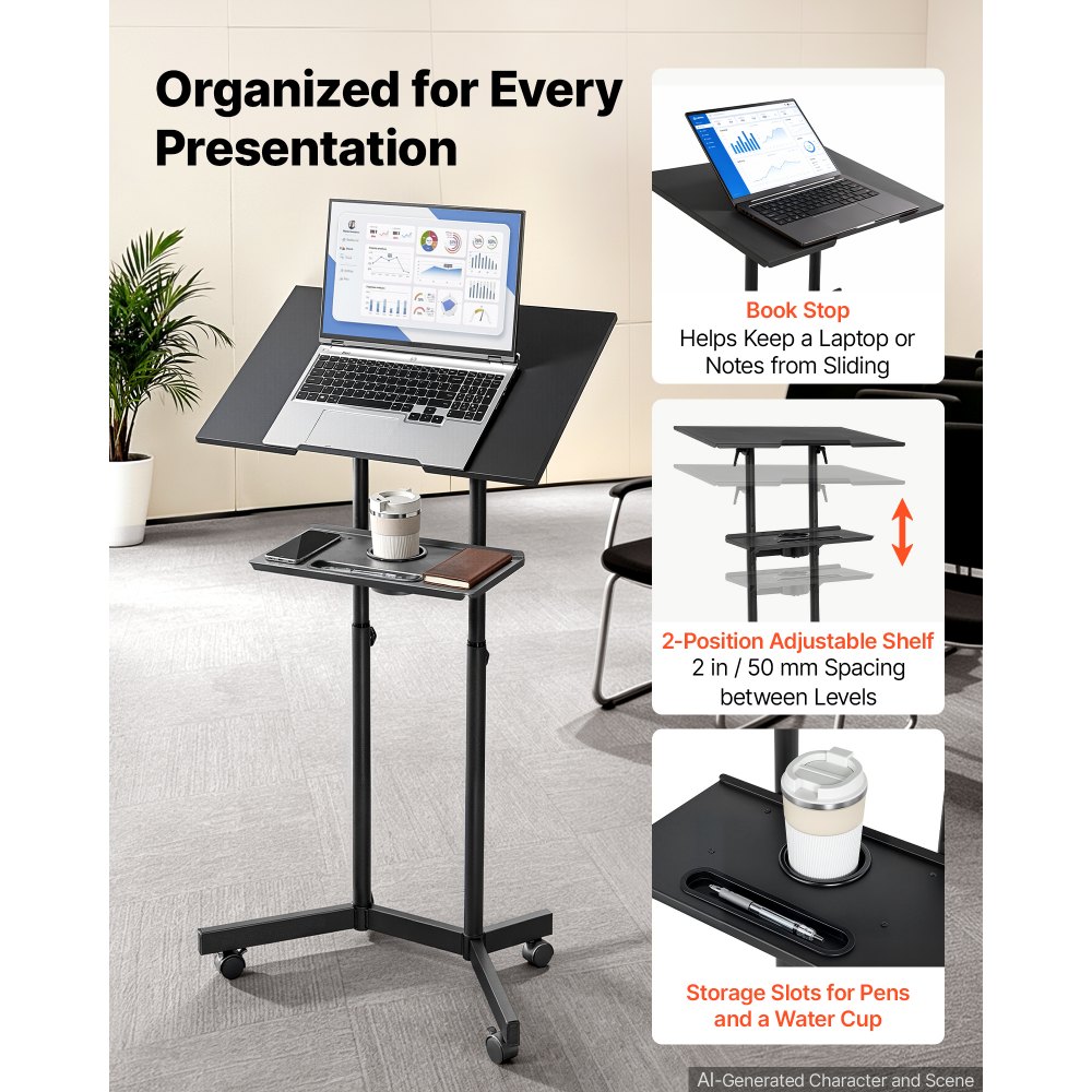 VEVOR Podium Stand, Adjustable Height Steel Lectern Mobile Laptop Desk, for Schools, Churches and Events, 103-124 cm, Portable Presentation Lectern Stand with 0-30° Tilt Top and 2-Position Shelf