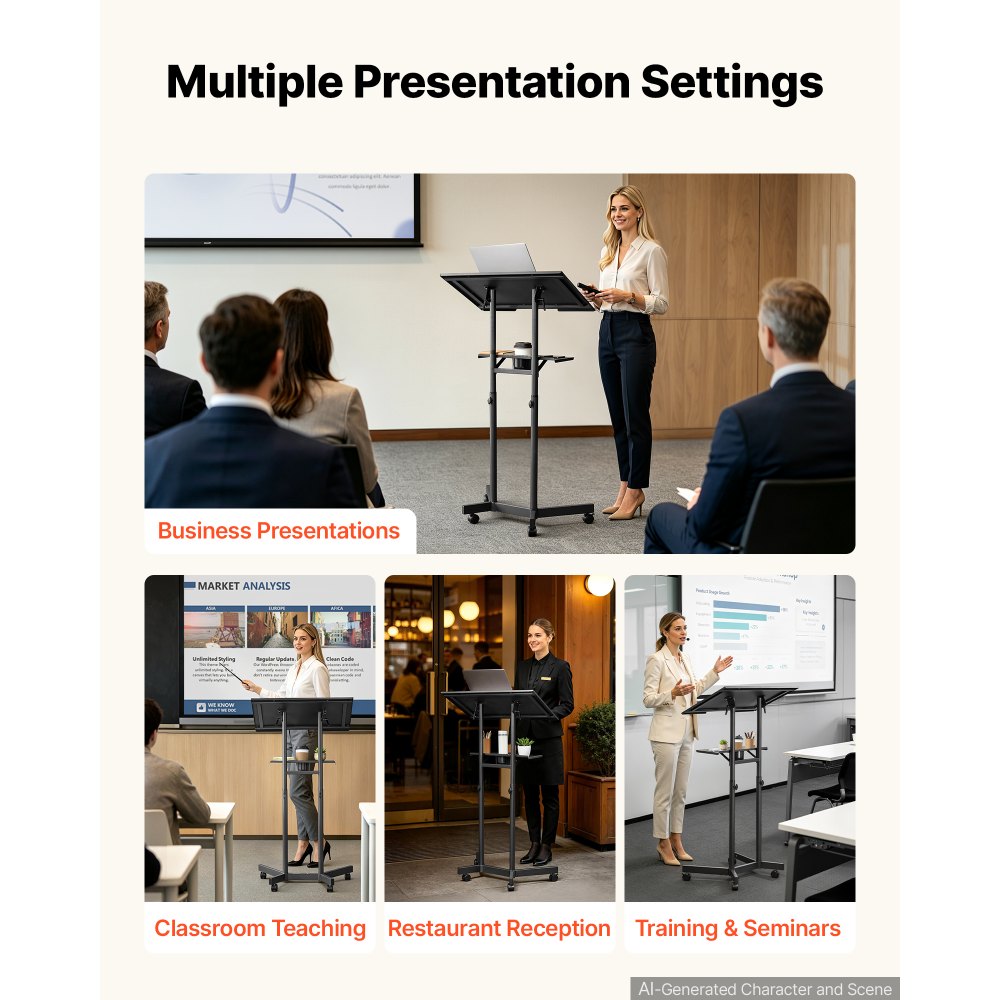 VEVOR Podium Stand, Adjustable Height Steel Lectern Mobile Laptop Desk, for Schools, Churches and Events, 103-124 cm, Portable Presentation Lectern Stand with 0-30° Tilt Top and 2-Position Shelf