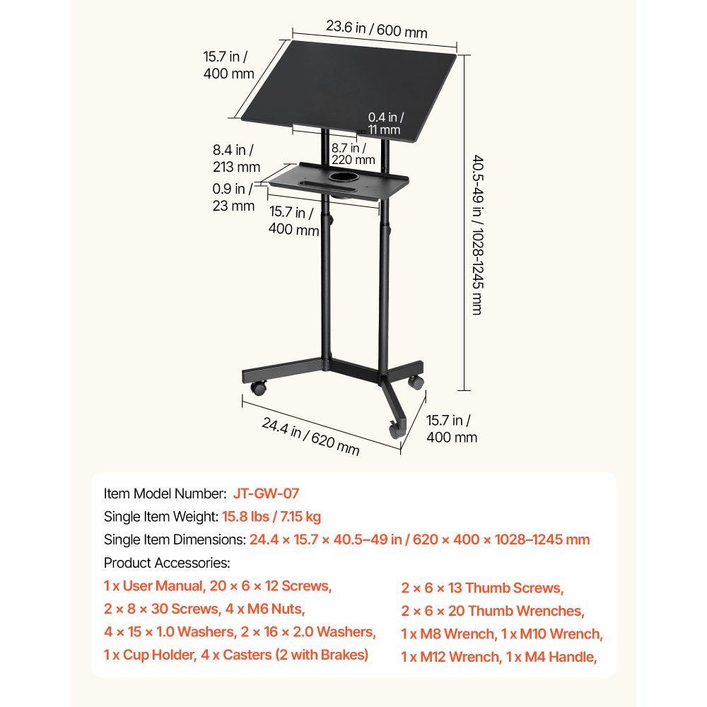 VEVOR Podium Stand, Adjustable Height Steel Lectern Mobile Laptop Desk, for Schools, Churches and Events, 103-124 cm, Portable Presentation Lectern Stand with 0-30° Tilt Top and 2-Position Shelf