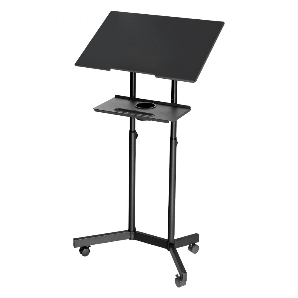 VEVOR Podium Stand, Adjustable Height Steel Lectern Mobile Laptop Desk, for Schools, Churches and Events, 103-124 cm, Portable Presentation Lectern Stand with 0-30° Tilt Top and 2-Position Shelf