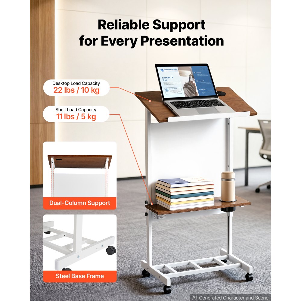 VEVOR Podium Stand, Adjustable Height Wooden Lectern Mobile Laptop Desk, for Schools, Churches and Events, 103-124 cm, Portable Presentation Lectern Stand with Storage Shelf, Book Stop and Cup Holder