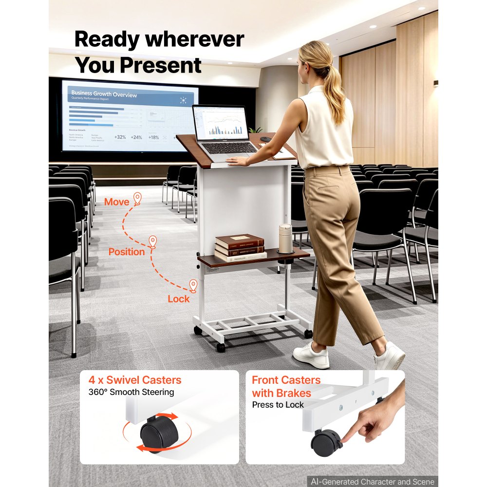 VEVOR Podium Stand, Adjustable Height Wooden Lectern Mobile Laptop Desk, for Schools, Churches and Events, 103-124 cm, Portable Presentation Lectern Stand with Storage Shelf, Book Stop and Cup Holder