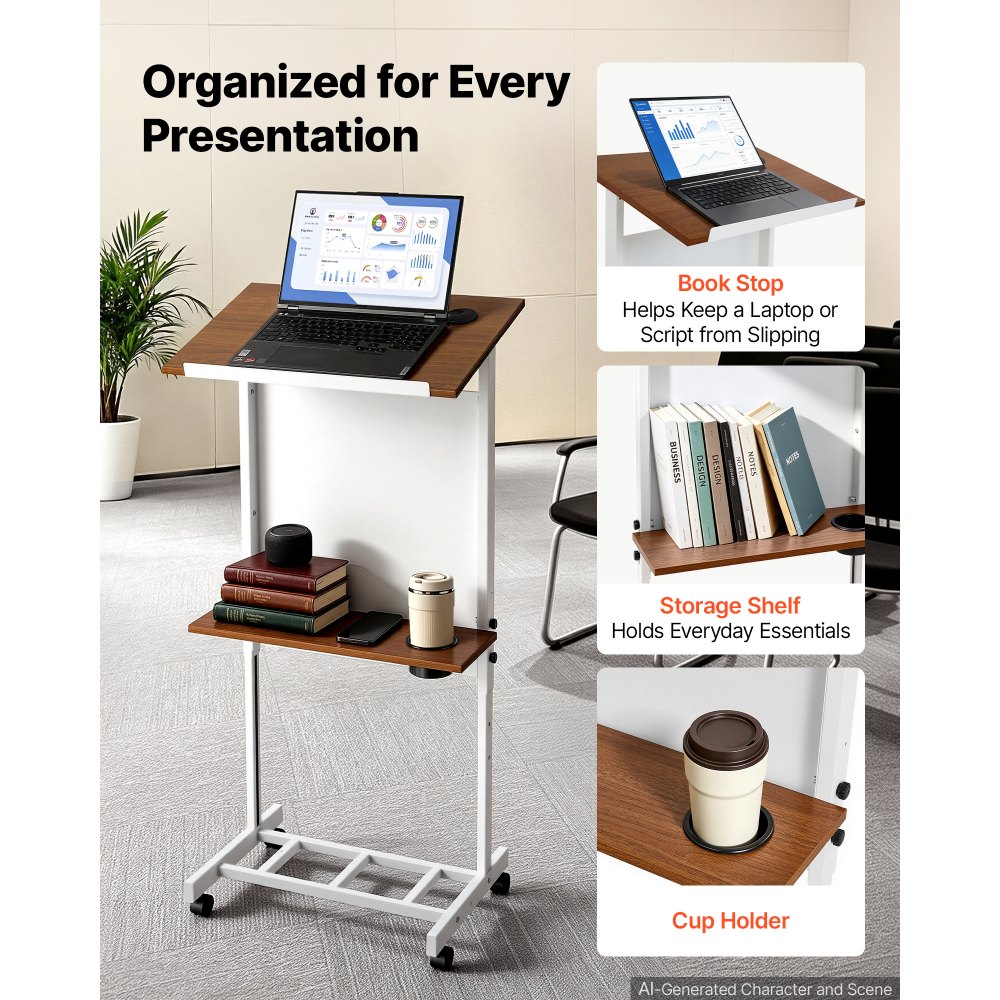 VEVOR Podium Stand, Adjustable Height Wooden Lectern Mobile Laptop Desk, for Schools, Churches and Events, 103-124 cm, Portable Presentation Lectern Stand with Storage Shelf, Book Stop and Cup Holder