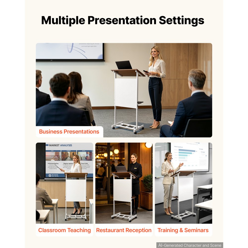 VEVOR Podium Stand, Adjustable Height Wooden Lectern Mobile Laptop Desk, for Schools, Churches and Events, 103-124 cm, Portable Presentation Lectern Stand with Storage Shelf, Book Stop and Cup Holder