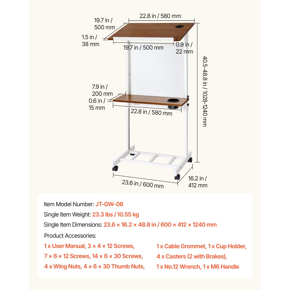 VEVOR Podium Stand, Adjustable Height Wooden Lectern Mobile Laptop Desk, for Schools, Churches and Events, 103-124 cm, Portable Presentation Lectern Stand with Storage Shelf, Book Stop and Cup Holder