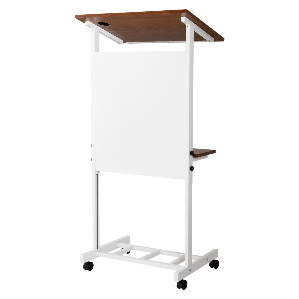 VEVOR Podium Stand, Adjustable Height Wooden Lectern Mobile Laptop Desk, for Schools, Churches and Events, 103-124 cm, Portable Presentation Lectern Stand with Storage Shelf, Book Stop and Cup Holder