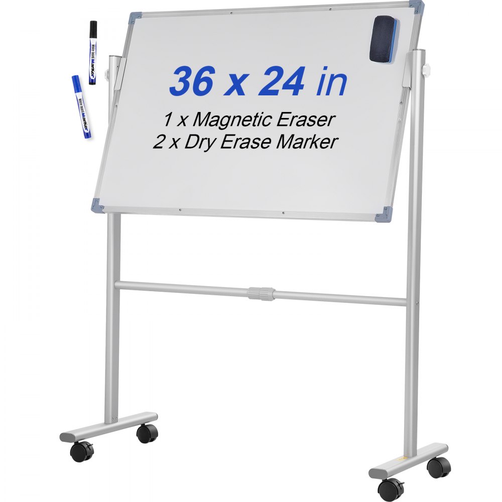 VEVOR Mobile Magnetic Whiteboard, 36 x 24 inch, Double Sided, 360 Degree Reversible Rolling Dry Erase Board, Height Adjustable with Aluminum Frame