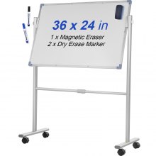 VEVOR Mobile Magnetic Whiteboard, 36 x 24 Inch, Double Sided, 360 Degree Reversible Rolling Dry Erase Board, Height Adjustable with Aluminum Frame and Lockable Swivel Wheels, for Office School Home
