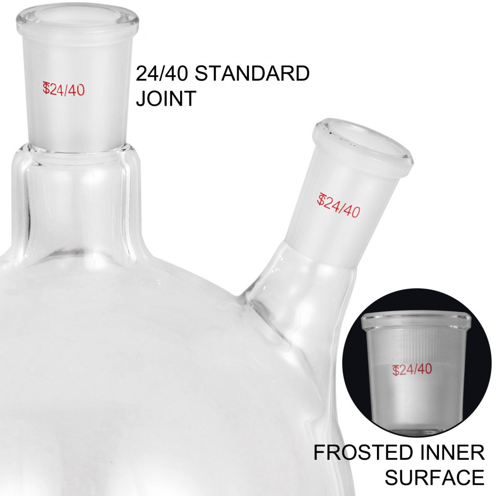 VEVOR rundbunnet kolbe 2000 ml mottakskolbe Borosilikatglass reaksjonskolbe 2-hals kokekolbe med 24/40 standard koniske skjøter Kolbe rund bunn for vakuumdestillasjonsapparat