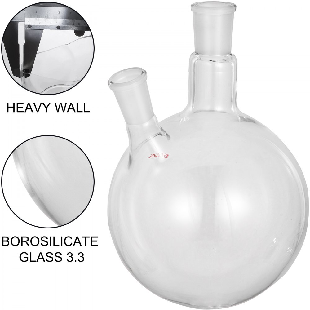 VEVOR 5000ml 24/40 Joint Lab Glass Flask Round Bottom Two Short Necks
