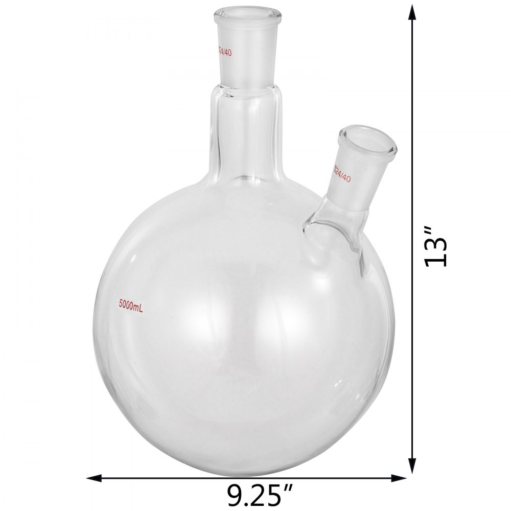 VEVOR 5000ml 24/40 Joint Lab Glass Flask Round Bottom Two Short Necks