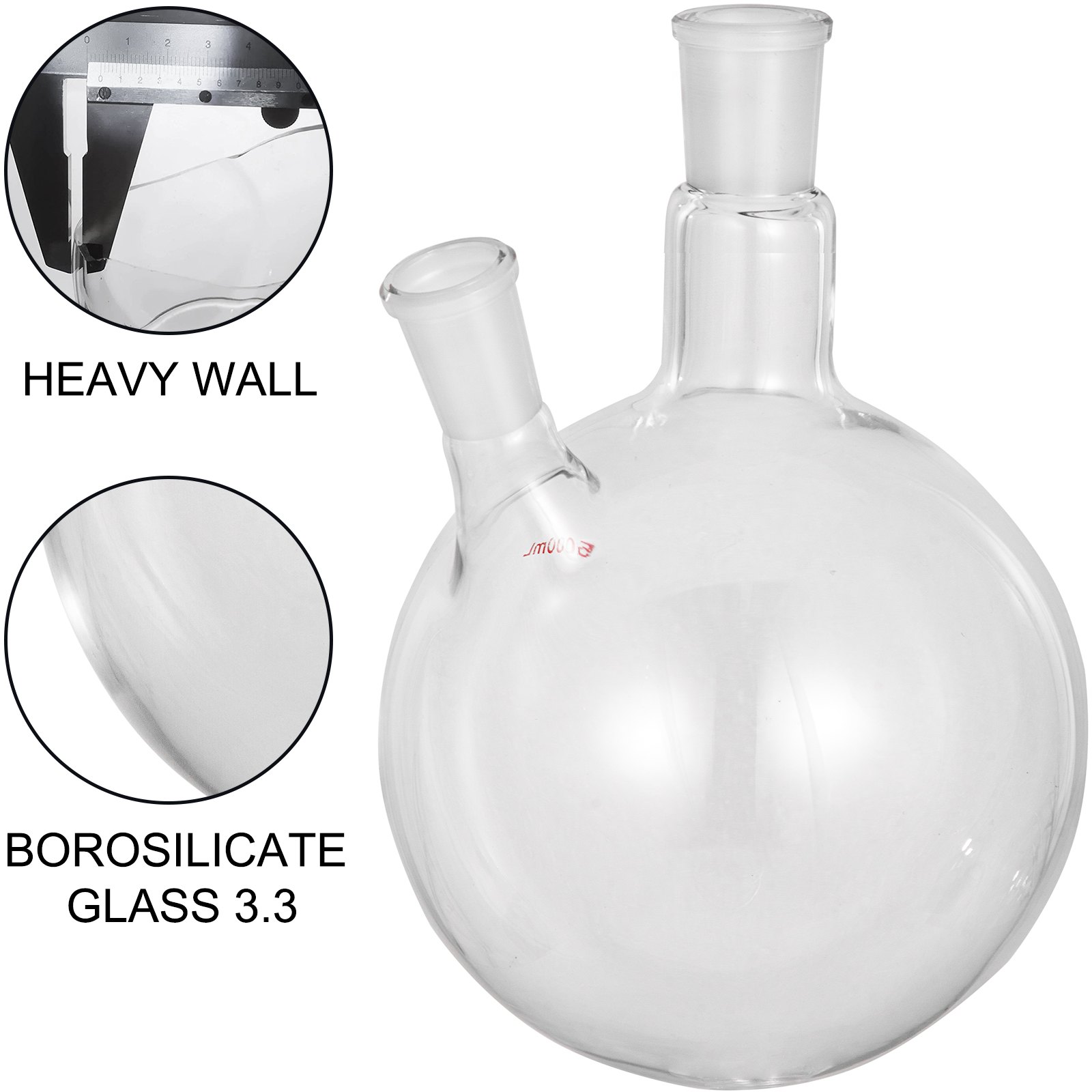 VEVOR 5000ml 24/40 Joint Lab Glass Flask Round Bottom Two Short Necks