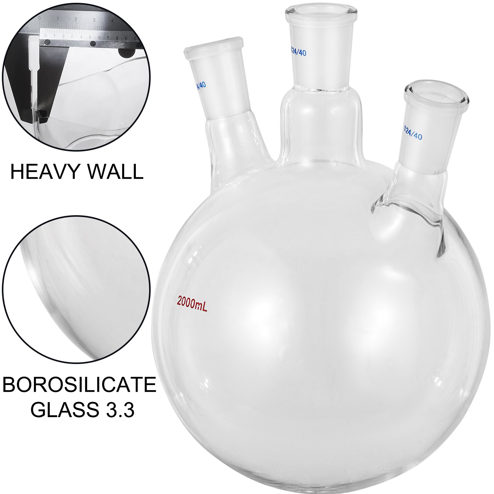 VEVOR Round Bottom Flask Receiving Flask 2L, Reaction Flask 3 Neck Boiling Flask