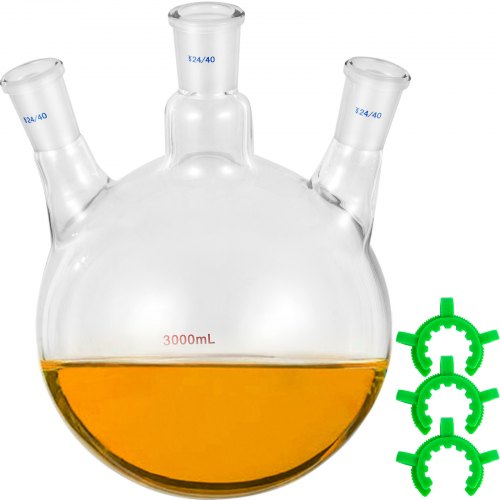 VEVOR Round Bottom Flask Receiving Flask 3L, Reaction Flask 3 Neck Boiling Flask