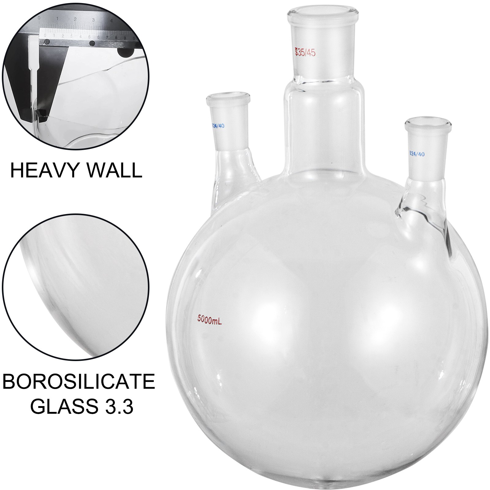 Vevor Round Bottom Flask Receiving Flask 5l Reaction Flask 3 Neck Boiling Flask