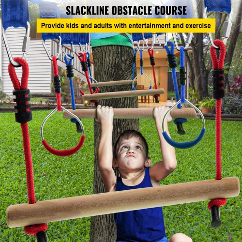 VEVOR Warrior Course, 80ft Slackline Obstacle Course, obstacle course for kids w/ 250lb Max Capacity, Slackline Training Line w/ Hanging Activities Accessories, Obstacle Course Equipment for Backyard