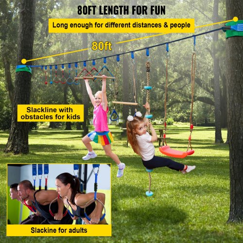 VEVOR Warrior Course, 80ft Slackline Obstacle Course, obstacle course for kids w/ 250lb Max Capacity, Slackline Training Line w/ Hanging Activities Accessories, Obstacle Course Equipment for Backyard