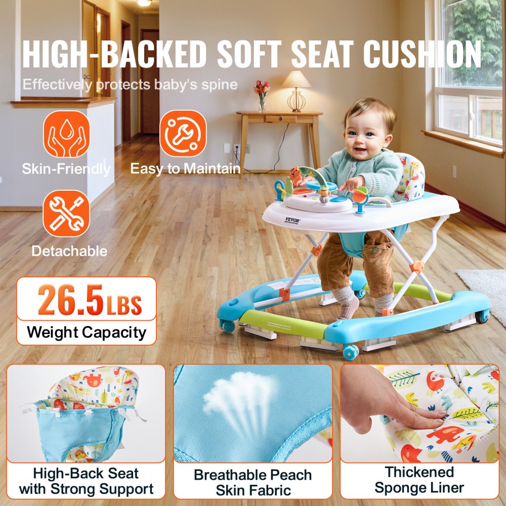 VEVOR 4-in-1 Baby Walker, Foldable Baby Activity Center on Wheels, 3 Adjustable Height, Music & Toys Tray, Learning-Seated | Walk-Behind | Rocker | Bouncer Toddler Walker for Girls Boys 6-24 Months
