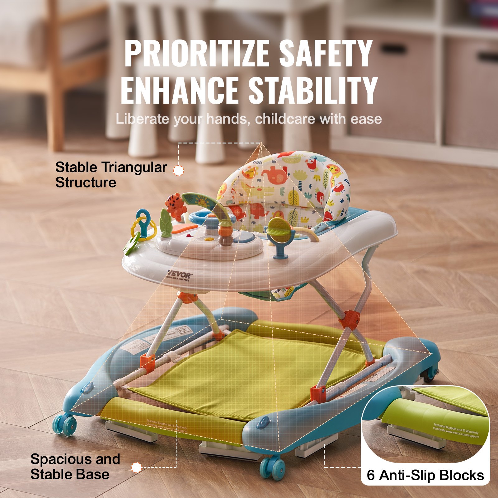 VEVOR 4-in-1 Baby Walker, Foldable Baby Activity Center on Wheels, 3 Adjustable Height, Music & Toys Tray, Learning-Seated | Walk-Behind | Rocker | Bouncer Toddler Walker for Girls Boys 6-24 Months