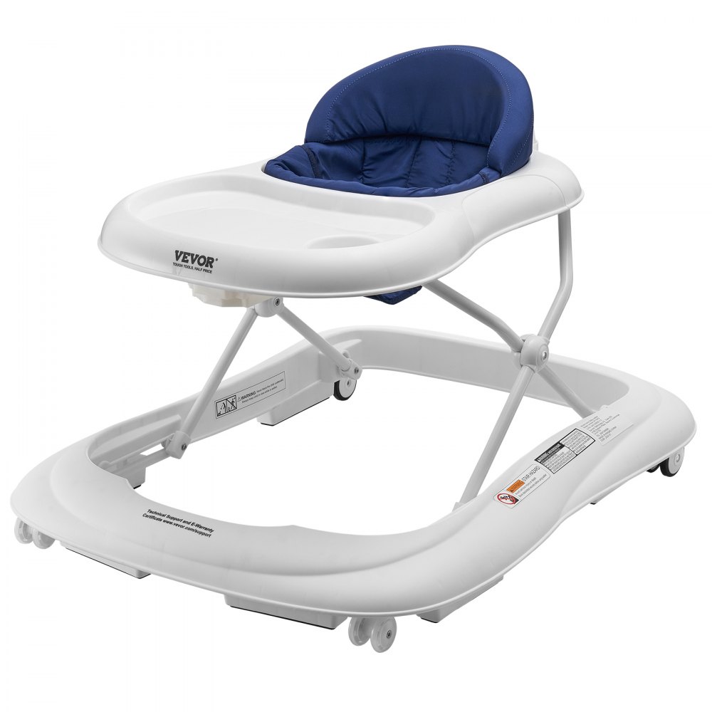 VEVOR baby walker with white frame and blue padded seat, featuring wheels and safety warnings.