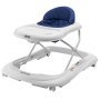 VEVOR baby walker with white frame and blue padded seat, featuring wheels and safety warnings.