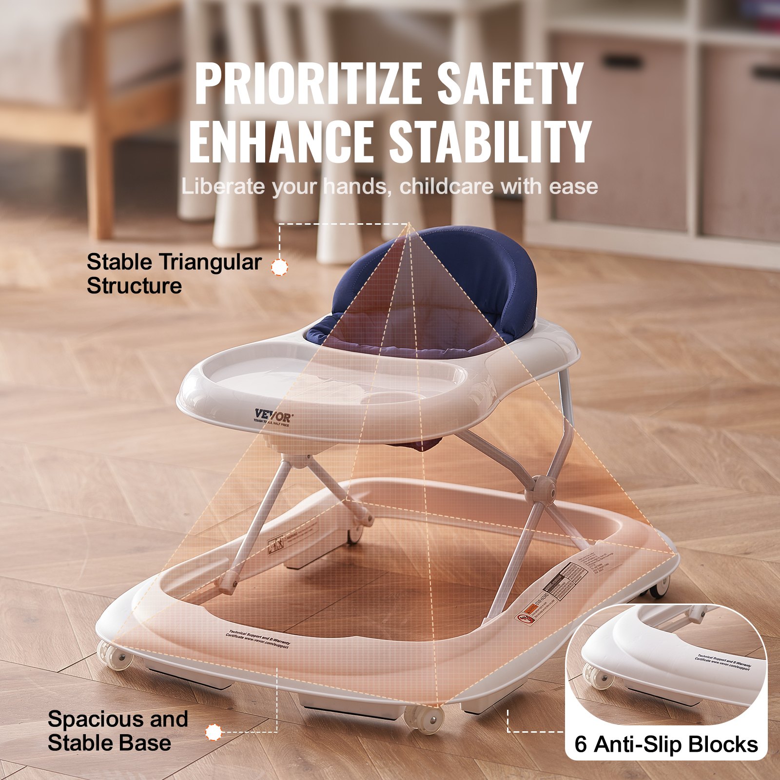 VEVOR Baby Walker, Foldable Baby Walkers with 3-Level Adjustable Height, Rolling Toddler Walker and Activity Center with Wheels & Feeding Tray, Anti-Rollover Activity Helper for Boy Girl 6-12 Months