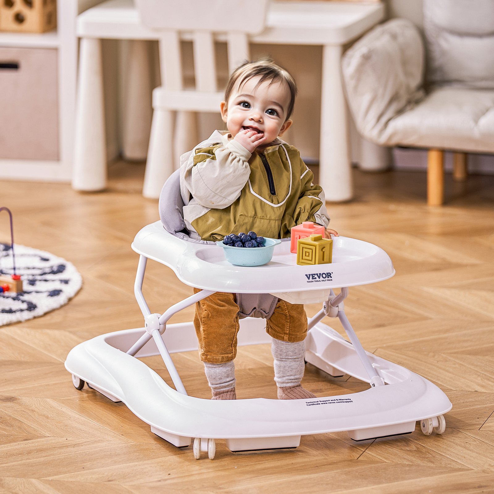 VEVOR Baby Walker, Foldable Baby Walkers with 3-Level Adjustable Height, Rolling Toddler Walker and Activity Center with Wheels & Feeding Tray, Anti-Rollover Activity Helper for Boy Girl 6-12 Months