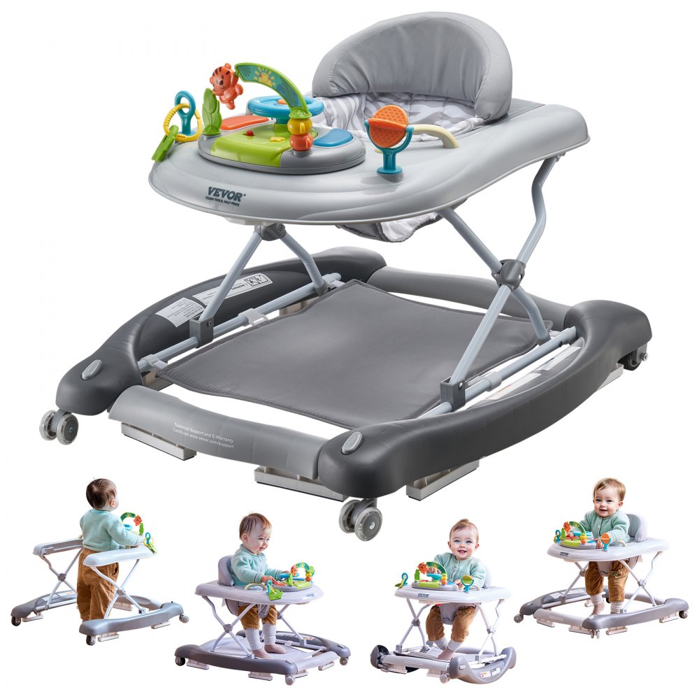 VEVOR 4-in-1 Baby Walker, Foldable Baby Activity Center on Wheels, 3 Adjustable Height, Music & Toys Tray, Learning-Seated | Walk-Behind | Rocker | Bouncer Toddler Walker for Girls Boys  6-24 Months