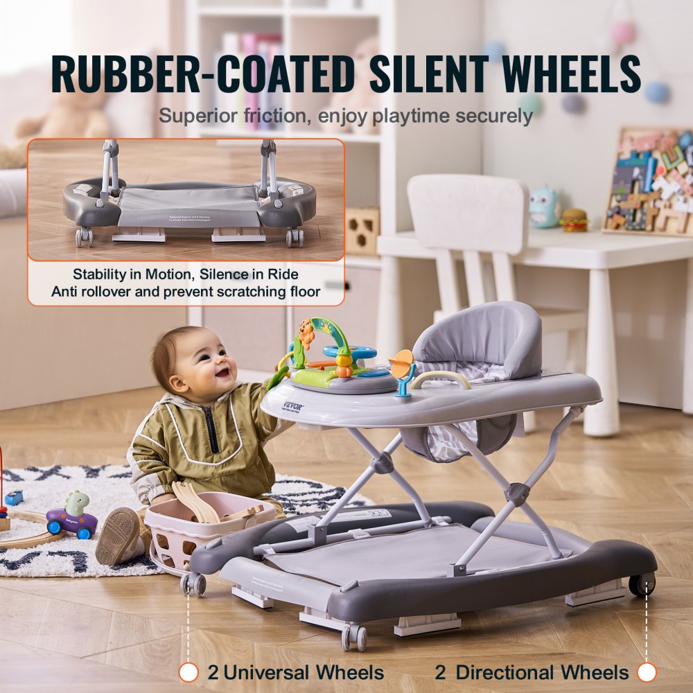 VEVOR 4-in-1 Baby Walker, Foldable Baby Activity Center on Wheels, 3 Adjustable Height, Music & Toys Tray, Learning-Seated | Walk-Behind | Rocker | Bouncer Toddler Walker for Girls Boys  6-24 Months