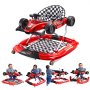 VEVOR baby walker in red race car design with checkered seat and multiple views with toddlers.