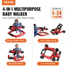 VEVOR 4-in-1 Baby Walker, Foldable Baby Activity Center on Wheels, Adjustable Height, Light, Steering Wheel, Toy Car | Learning-Seated | Walk-Behind | Rocker Toddler Walker for 6-24 Month Boys Girls