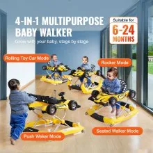 VEVOR 4-in-1 Baby Walker, Foldable Baby Activity Center on Wheels, Adjustable Height, Light, Steering Wheel, Toy Car | Learning-Seated | Walk-Behind | Rocker Toddler Walker for 6-24 Month Boys Girls