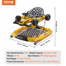 VEVOR 4-in-1 Baby Walker, Foldable Baby Activity Center on Wheels, Adjustable Height, Light, Steering Wheel, Toy Car | Learning-Seated | Walk-Behind | Rocker Toddler Walker for 6-24 Month Boys Girls